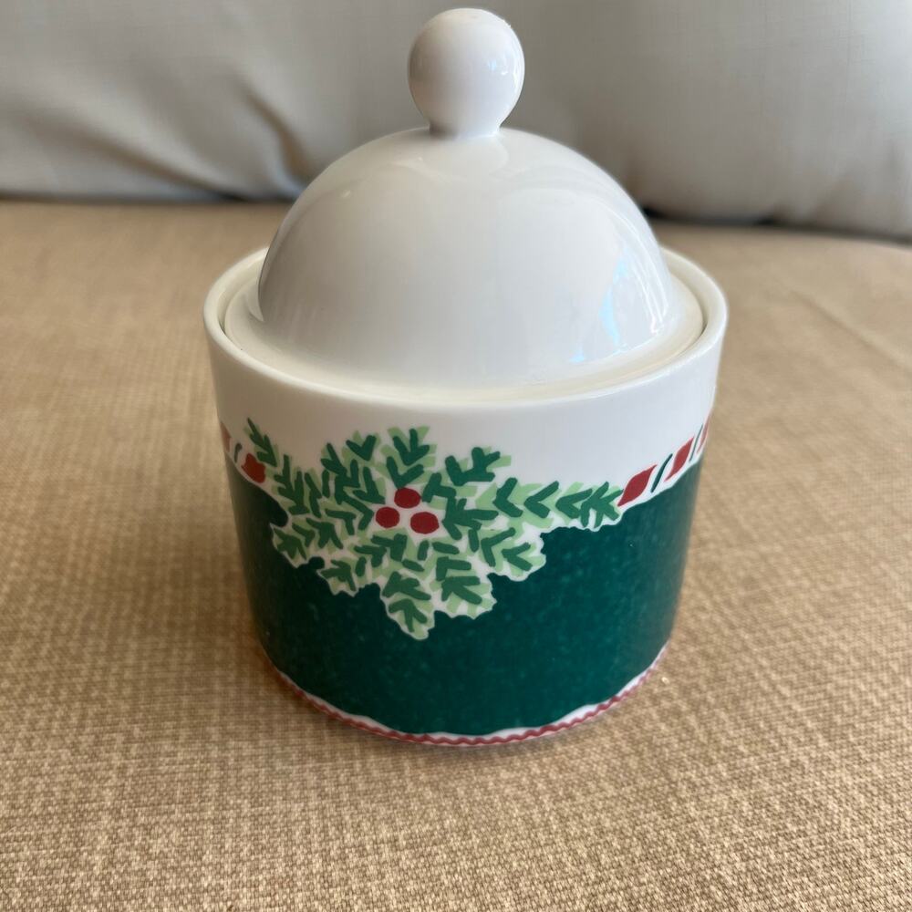 Fitz and Floyd Yuletide Holiday Green/White/Red Sugar Bowl